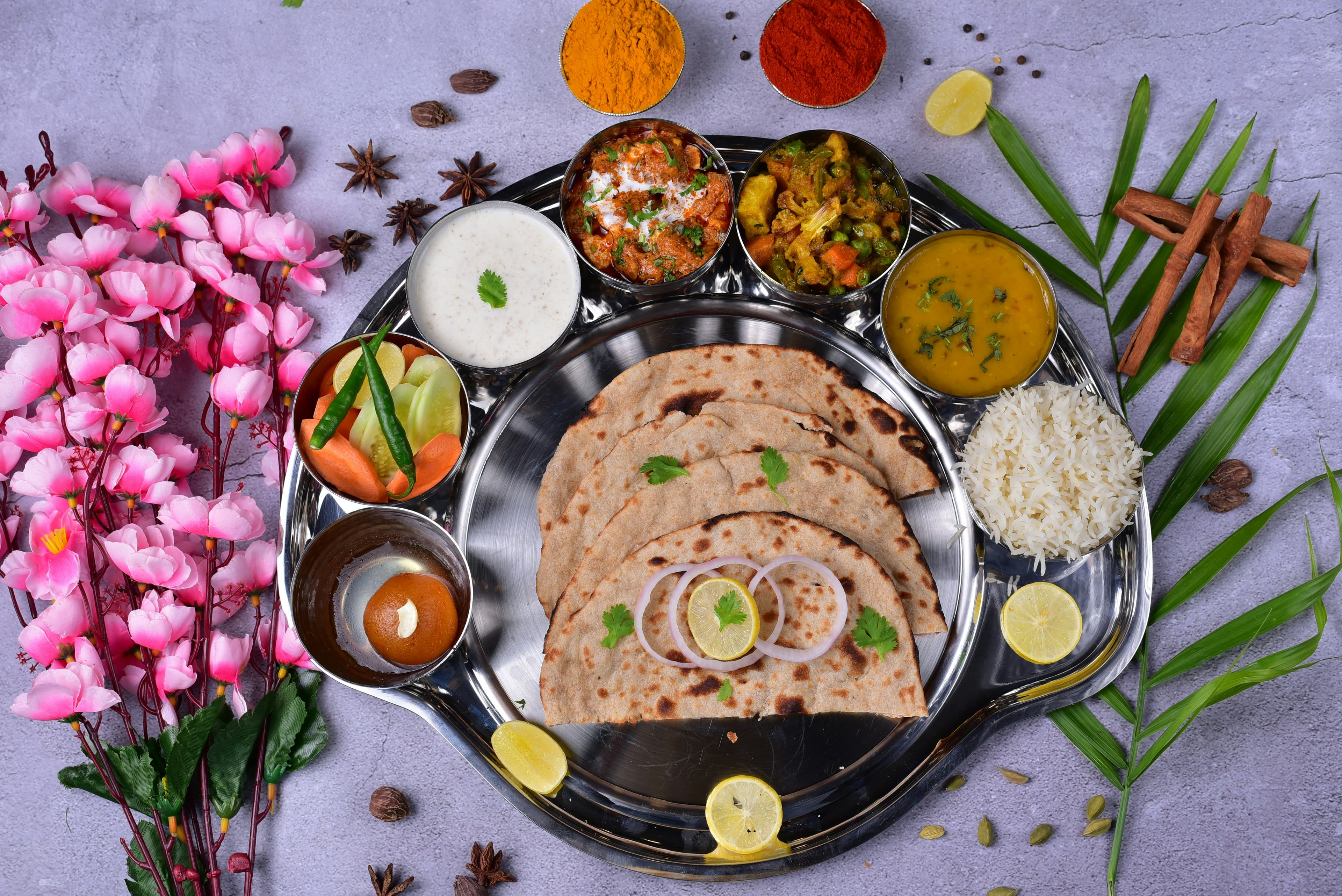 Healthy Indian meals with roti and rice
