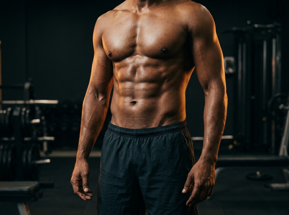 A fit, strong torso in dark athletic wear, in warm cinematic gym light.