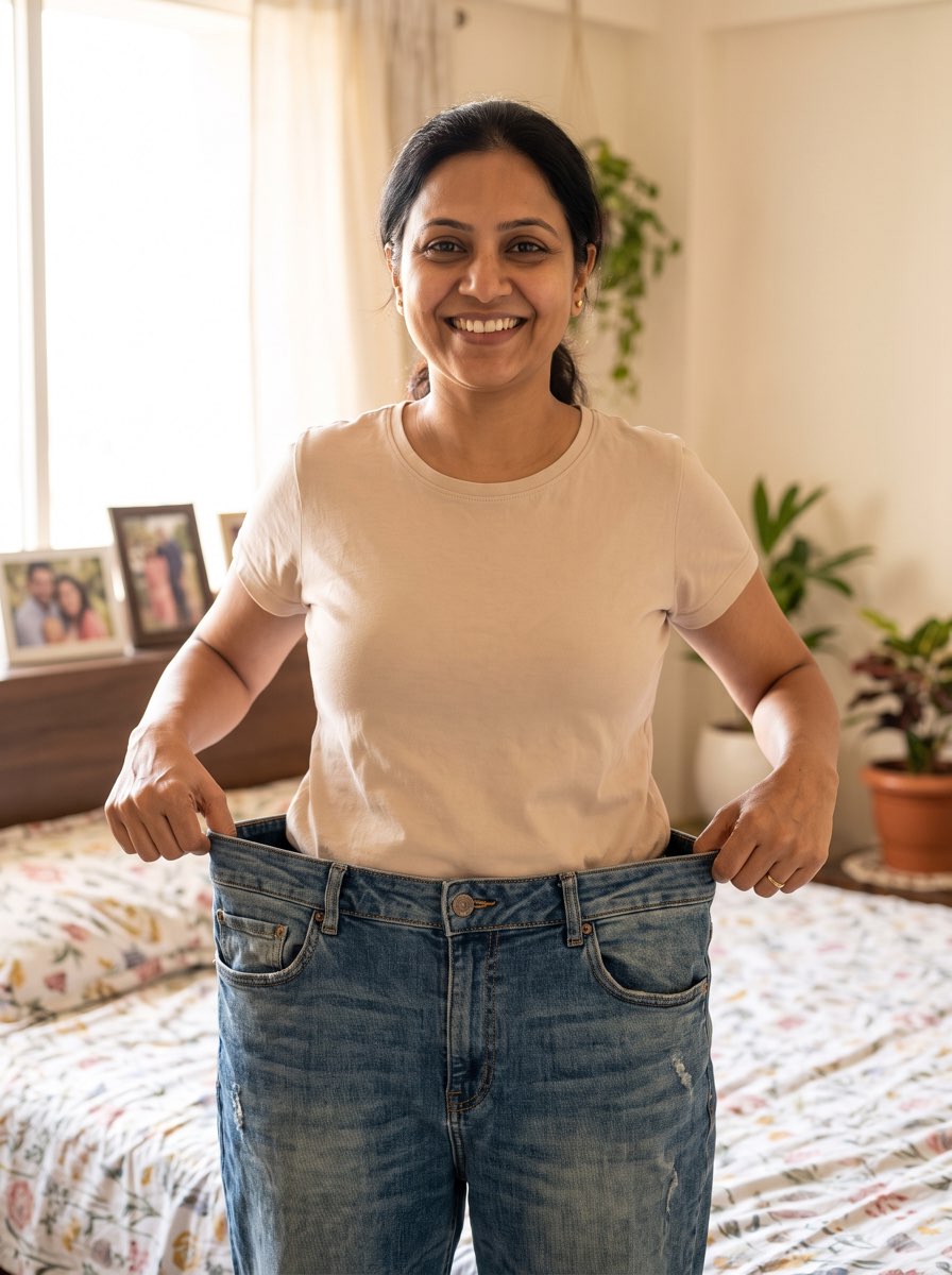 A smiling woman at home holding out an old pair of oversized jeans.