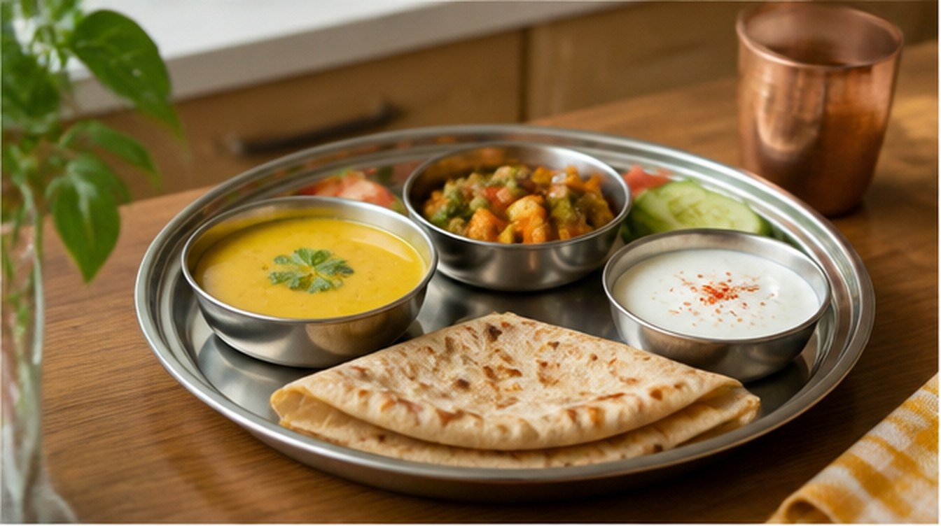 A balanced Indian thali — dal, sabzi, roti, rice and salad — in warm light.