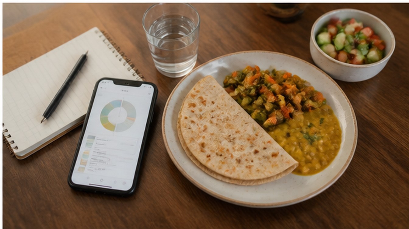 A phone food log beside a plate of roti and sabzi on a home table.